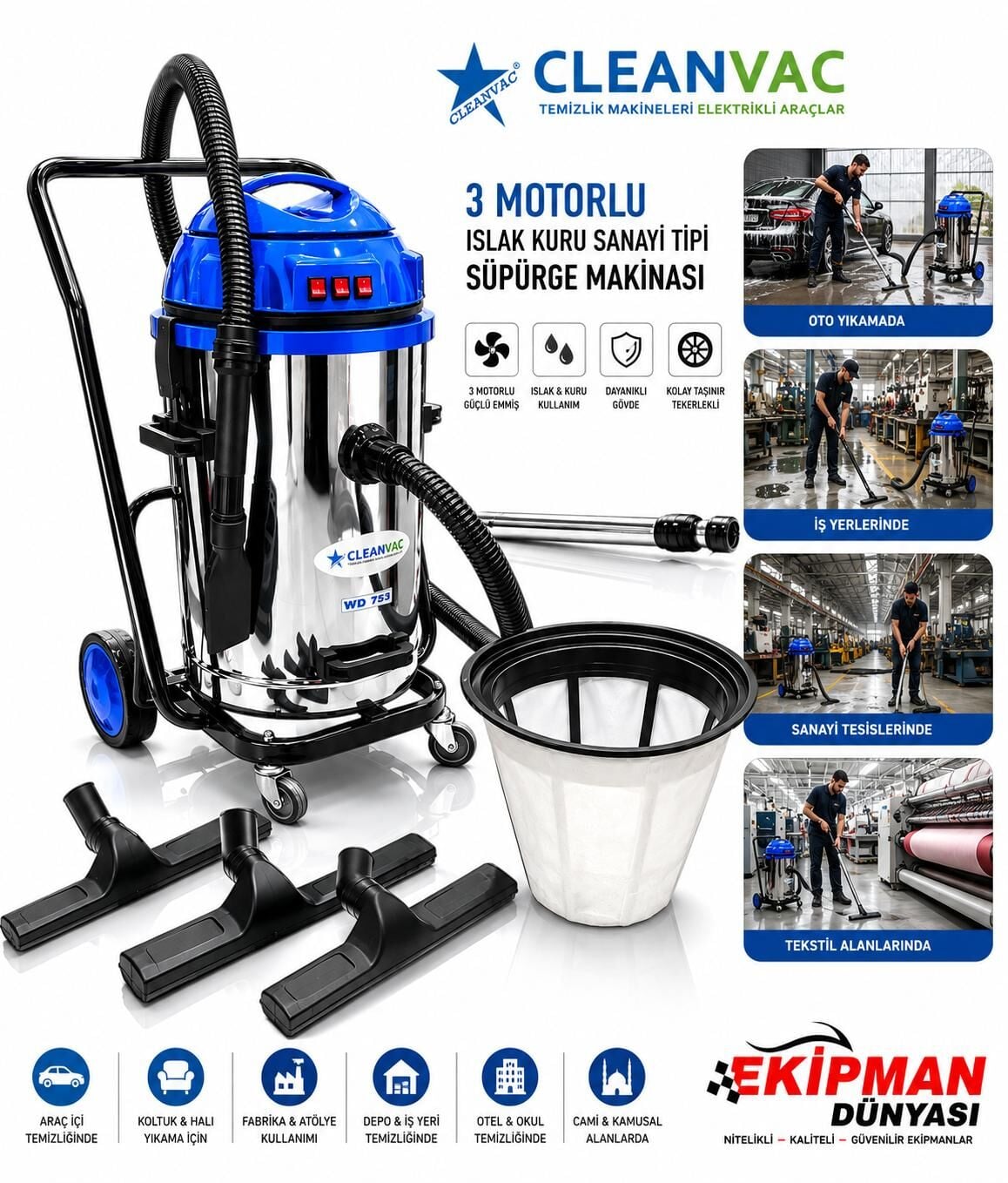 Cleanvac WD-753 3600 Watt 3 Motorlu Islak Kuru Sanayi Tipi Süpürge | Yüksek Emiş Gücü