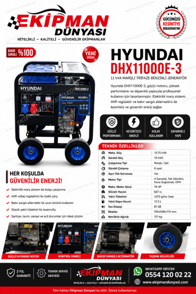 Hyundai DHX11000E-3 11 kVA Marşlı Trifaze Benzinli Jeneratör | AVR Regülatörlü Güçlü Profesyonel Seri