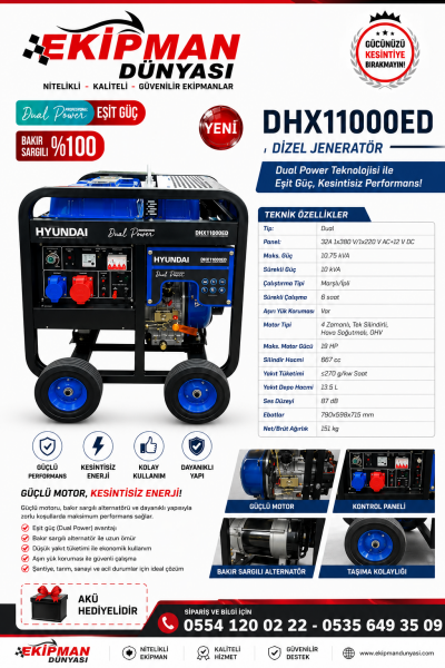 Hyundai DHX11000ED 11 kVA Marşlı Benzinli Jeneratör Monofaze & Trifaze Güç Çıkışlı Profesyonel Seri
