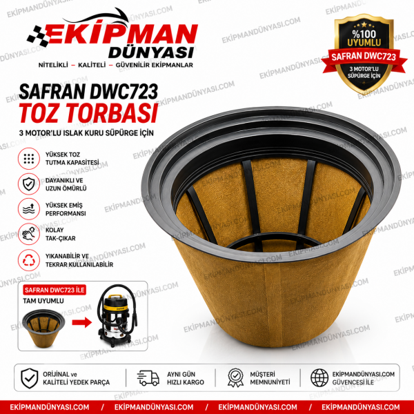 Safran DWC723 3 Motorlu Islak Kuru Süpürge Yıkanabilir Toz Torbası | Orijinal Uyumlu Filtre