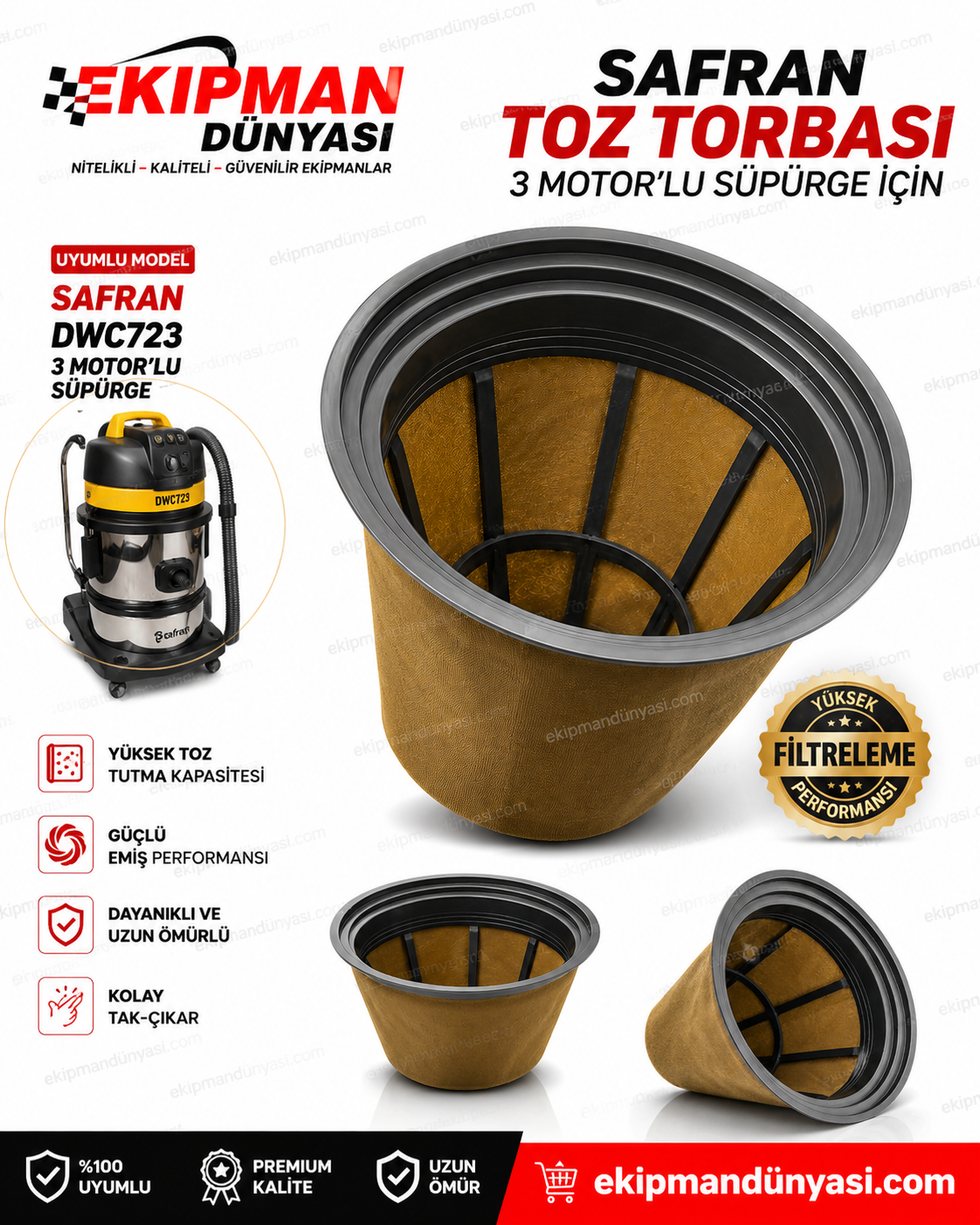 Safran DWC723 3 Motorlu Islak Kuru Süpürge Yıkanabilir Toz Torbası | Orijinal Uyumlu Filtre