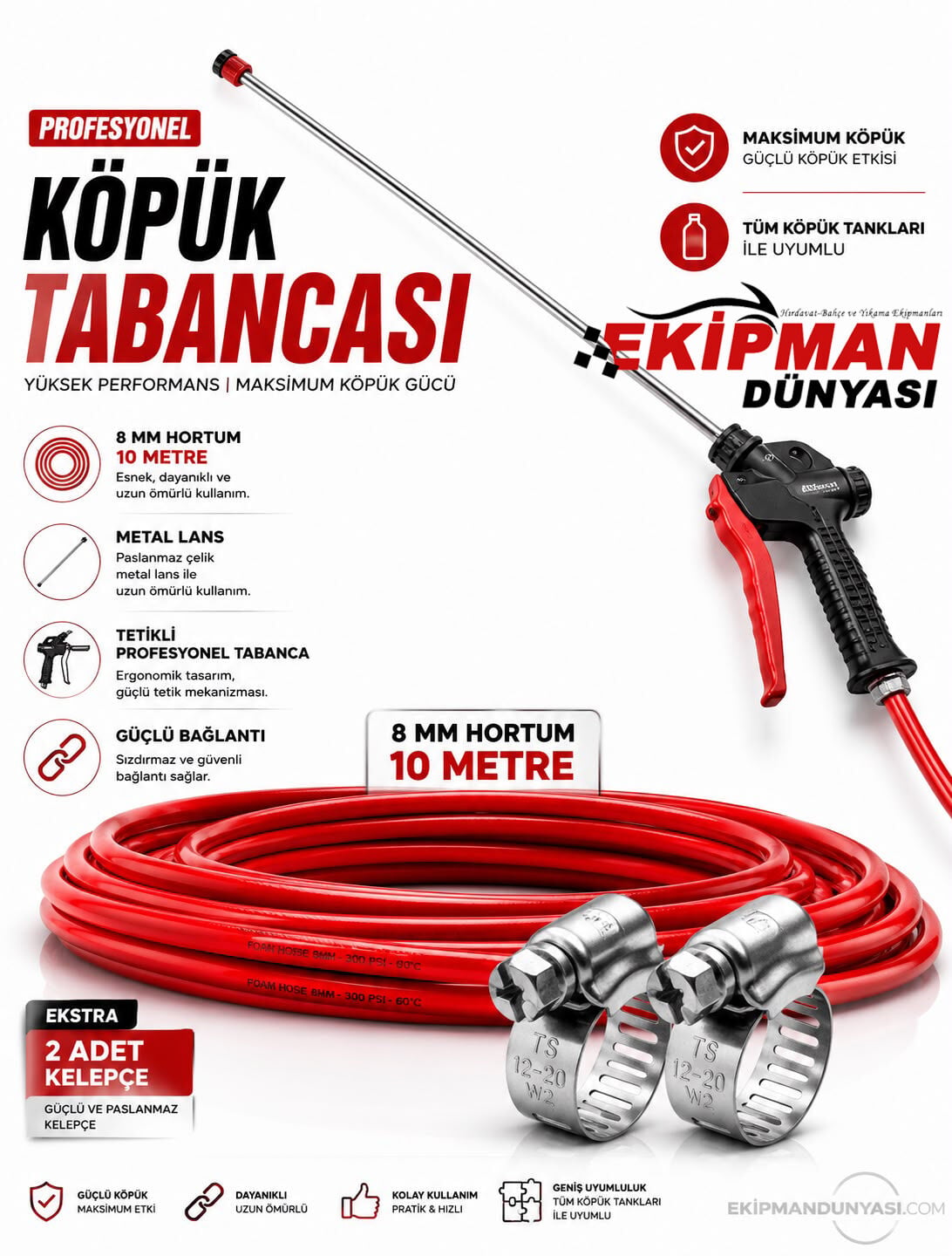 Köpük Tabancası Hortumu 8 mm 10 Metre – Tüm Köpük Tanklarına Uyumlu Yüksek Basınçlı Köpük Tabancası