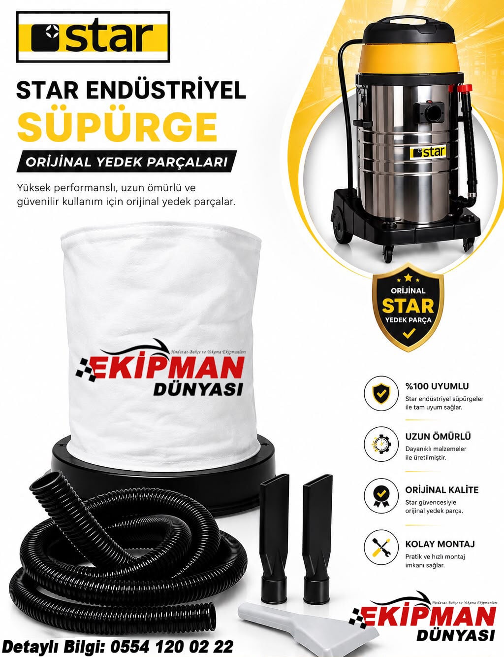 Star 3 Motorlu Süpürge Makinesi Orijinal Aksesuar Seti | Toz Torbası + 3 Metre Hortum + 2 Adet Ördek Uç + Şeffaf Vakum Aparatı
