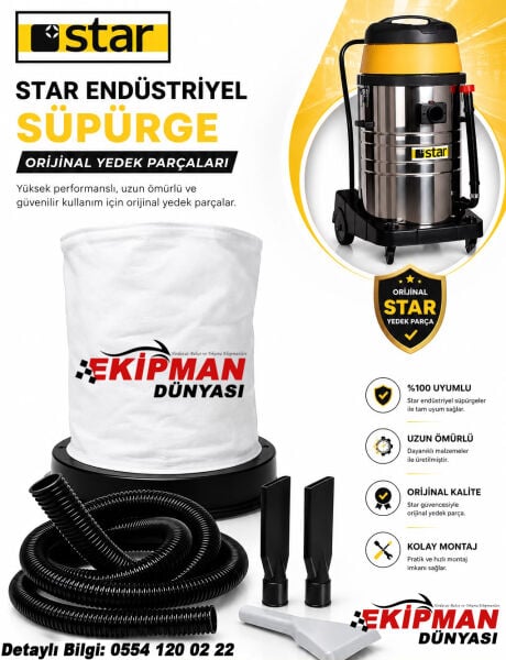 Star 3 Motorlu Süpürge Makinesi Orijinal Aksesuar Seti | Toz Torbası + 3 Metre Hortum + 2 Adet Ördek Uç + Şeffaf Vakum Aparatı