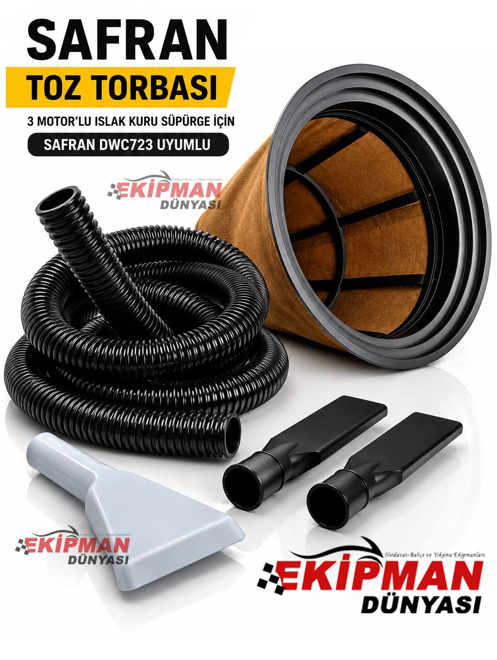 Safran 3 Motorlu Süpürge Makinesi Orijinal Aksesuar Seti | Toz Torbası + 3 Metre Hortum + 2 Adet Ördek Uç + Şeffaf Vakum Aparatı