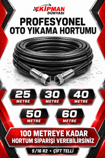 25 Metre - 5/16 R2 Çift Telli Profesyonel Oto Yıkama Hortumu – 25, 30, 40, 50 ve 60 Metre Seçenekleri, 100 Metreye Kadar Özel Sipariş