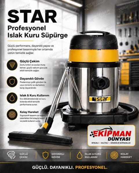 Star 3420WD Metal Kasa Profesyonel Islak ve Kuru Elektrikli Süpürge Tek Motorlu 20 Litre