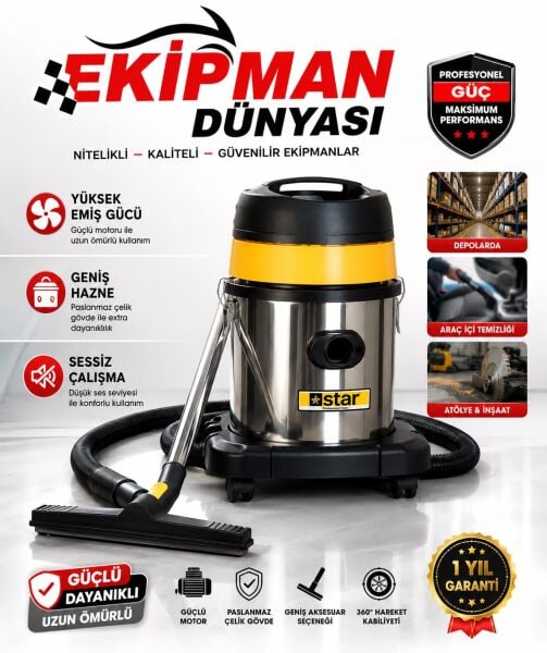 Star 3420WD Metal Kasa Profesyonel Islak ve Kuru Elektrikli Süpürge Tek Motorlu 20 Litre