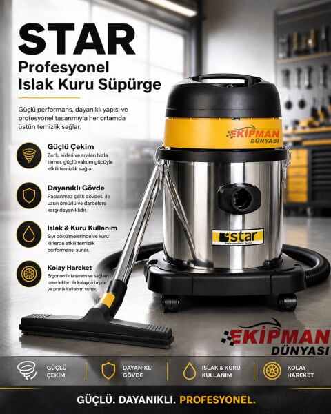 Star 3420WD Metal Kasa Profesyonel Islak ve Kuru Elektrikli Süpürge Tek Motorlu 20 Litre