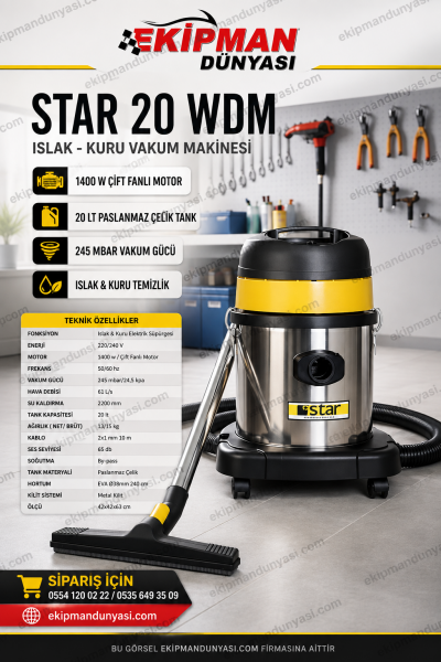 Star 3420WD Metal Kasa Profesyonel Islak ve Kuru Elektrikli Süpürge Tek Motorlu 20 Litre