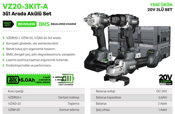 VOLTZ VZ20-3KIT-A 20V 5.0 Ah Akülü 3’lü Profesyonel Set – Somun Sıkma, Darbeli Matkap ve Avuç Taşlama