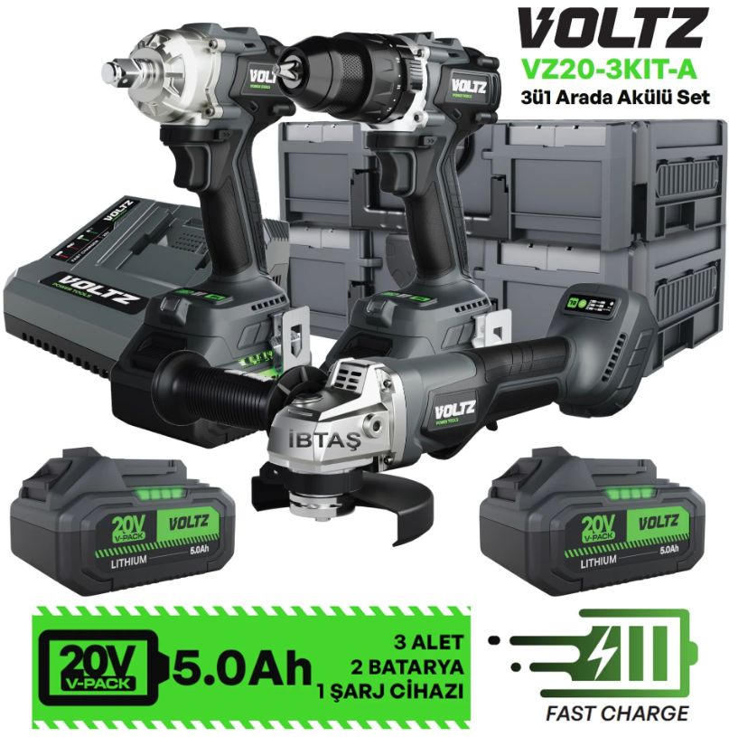 VOLTZ VZ20-3KIT-A 20V 5.0 Ah Akülü 3’lü Profesyonel Set – Somun Sıkma, Darbeli Matkap ve Avuç Taşlama