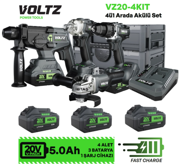 VOLTZ VZ20-4KIT 20V 5.0 Ah Akülü 4’lü Profesyonel Set – Darbeli Matkap, Somun Sökme, Kırıcı Delici ve Avuç Taşlama
