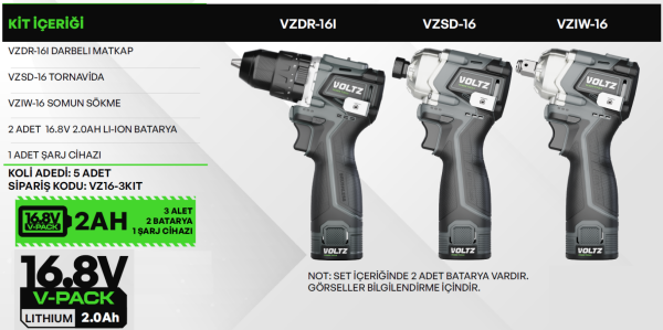 VOLTZ VZ16-3KIT 16.8V Çift Akülü 3’lü Set – Vidalama, Somun Sökme ve Şarjlı Tornavida
