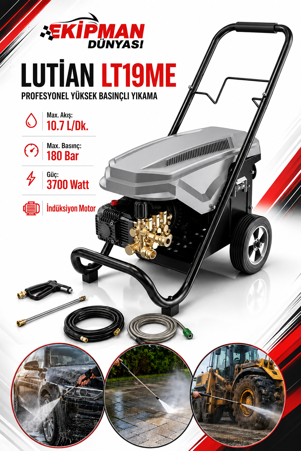 Lutian LT-19-ME Profosyonel Basınçlı Oto Yıkama Makinesi 3750 W 180 Bar