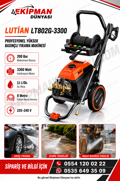 LUTiAN LT802 - 200 Bar 4.5 HP Yüksek Basınçlı Yıkama Makinesi 3300 Watt 220 Volt - Gider Tıkanıklığı Açma Makinesi
