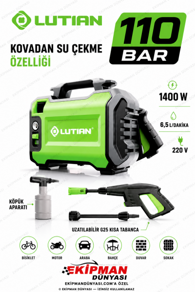 Lutian LT2161-1400 Watt - 110 Bar - 6.5 Litre/dakika - Portatif Yıkama Makinası - Kovadan Su Çekme Fon
