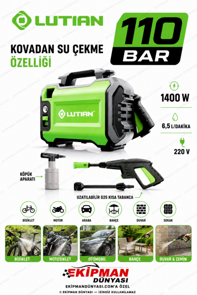 Lutian LT2161-1400 Watt - 110 Bar - 6.5 Litre/dakika - Portatif Yıkama Makinası - Kovadan Su Çekme Fon