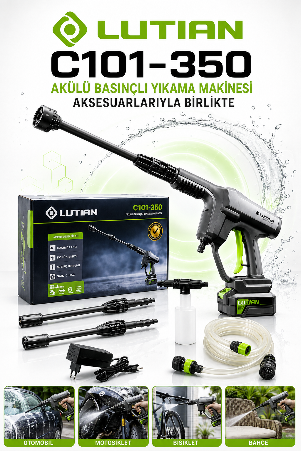 Lutian LC101-350 Kömürsüz Akülü Basınçlı Yıkama Tabancası 40V 2.0AH