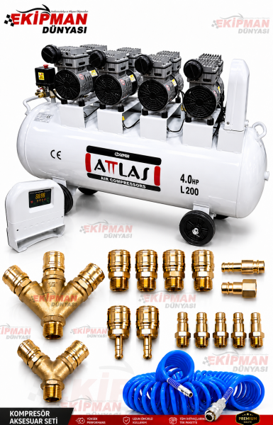 Attlas 200 Litre 4 HP Pistonlu Sessiz Hava Kompresörü – Profesyonel ve Güçlü Performans