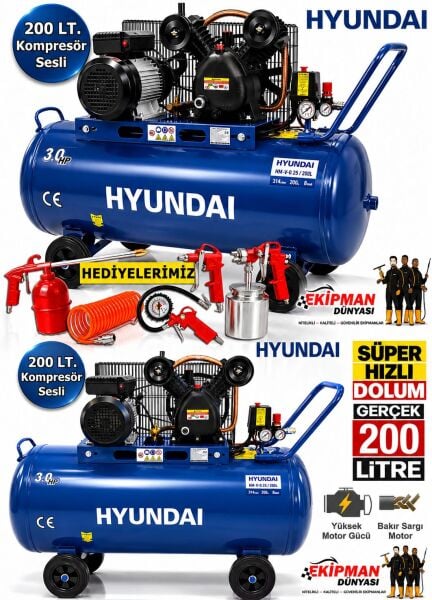 Hyundai HM-V-0.25/200L 200 Litre 3 HP V Kafa Hava Kompresörü Döküm Kafa