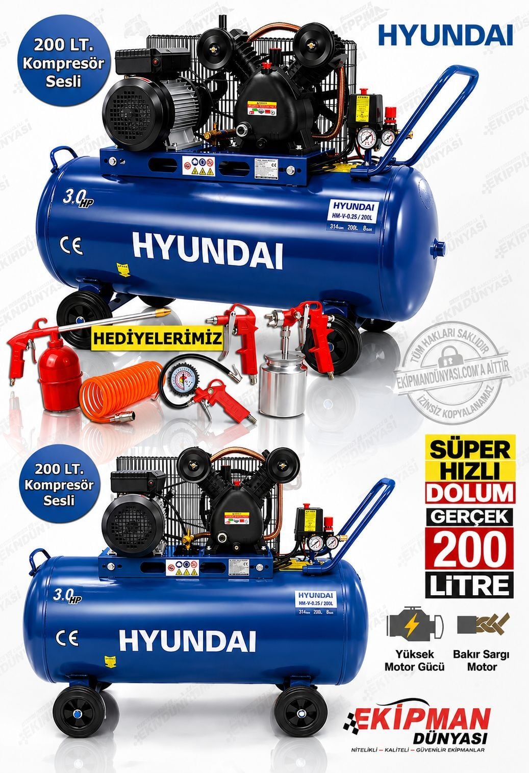 Hyundai HM-V-0.25/200L 200 Litre 3 HP V Kafa Hava Kompresörü Döküm Kafa