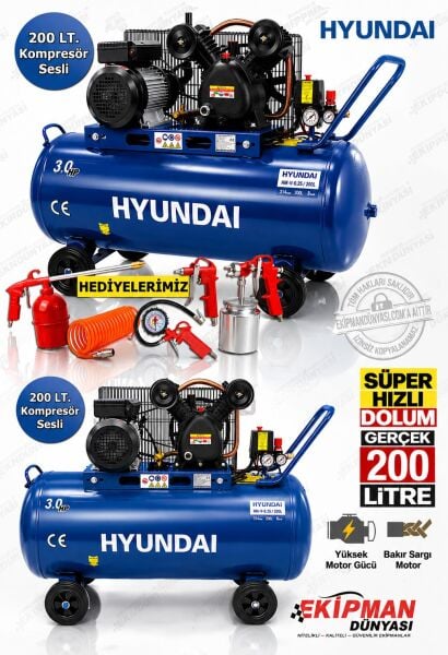 Hyundai HM-V-0.25/200L 200 Litre 3 HP V Kafa Hava Kompresörü Döküm Kafa