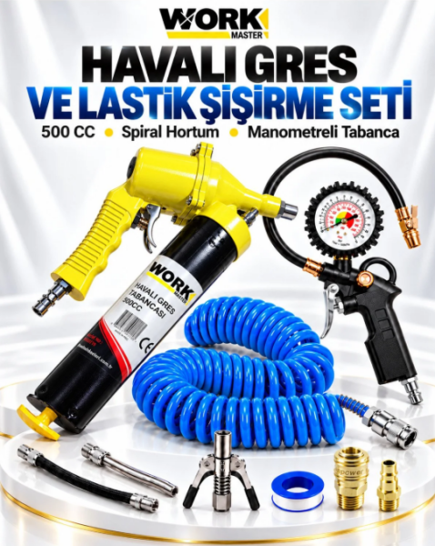 Work Master 500 CC Havalı Gres Pompası ve Lastik Şişirme Seti – Manometreli Tabanca, Spiral Hortum ve Çift Mandallı Gres Ucu
