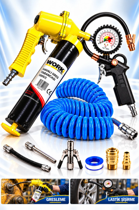 Work Master 500 CC Havalı Gres Pompası ve Lastik Şişirme Seti – Manometreli Tabanca, Spiral Hortum ve Çift Mandallı Gres Ucu