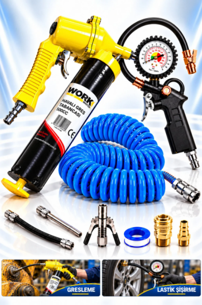 Work Master 500 CC Havalı Gres Pompası ve Lastik Şişirme Seti – Manometreli Tabanca, Spiral Hortum ve Çift Mandallı Gres Ucu