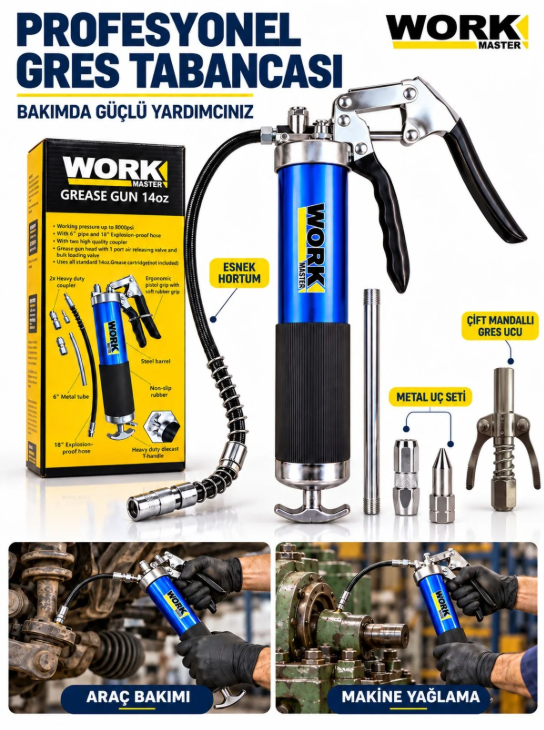 WorkMaster 500 cc Profesyonel Gres Pompası Seti Büyük Boy Çift Mandallı Kilitli Uç ve Hortumlu Gres Tabancası
