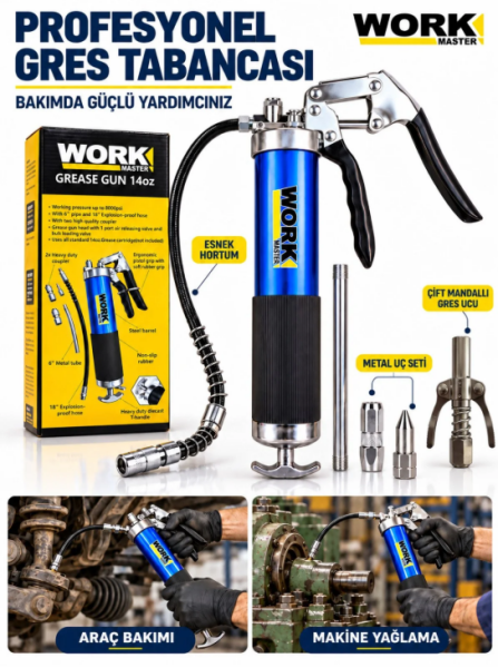 WorkMaster 500 cc Profesyonel Gres Pompası Seti Büyük Boy Çift Mandallı Kilitli Uç ve Hortumlu Gres Tabancası