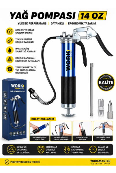 WorkMaster 500 cc Profesyonel Gres Pompası Seti Büyük Boy Çift Mandallı Kilitli Uç ve Hortumlu Gres Tabancası